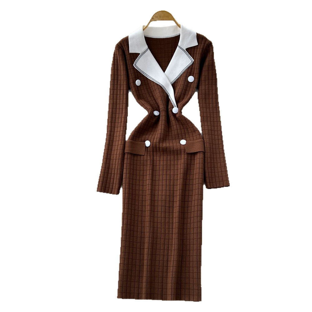 Classy tweed stylefashionablecontrast color suit collar long sleeves double breasted waist knittingdress women's bottom long skirt