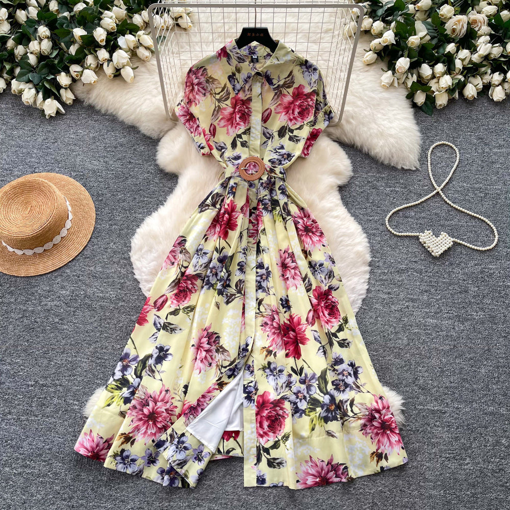 French chic vintage print collared dress - women's summer slimming, figure-flattering, high-waisted, elegant maxi dress