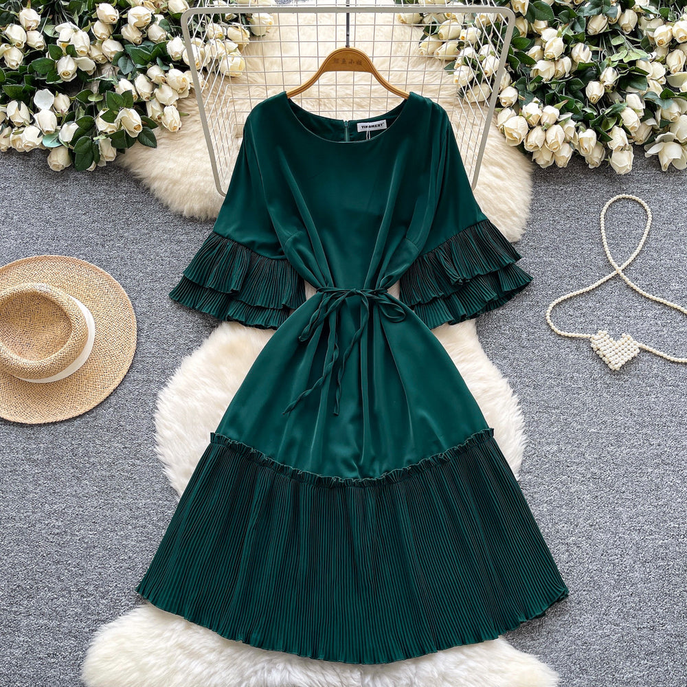 K-style lantern sleeve pleated short-sleeved dress women's spring strap waist pleated a-line skirt slimming lookwork clothing skirt