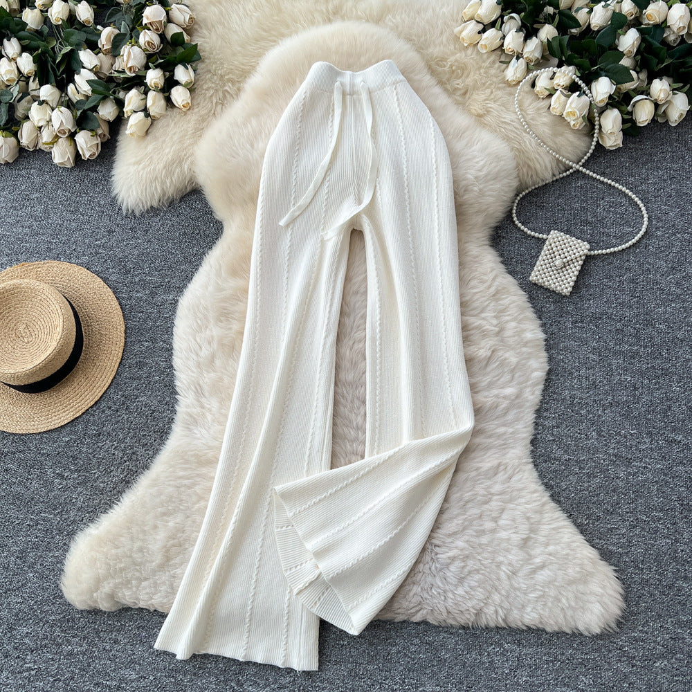 Soft and waxy knitting pants 2025fall and winter lazy style casual elastic waist elastic high waistslimming lookmopstraight-legpants