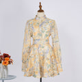 European and american style retro print beaded lantern sleeve top + a-line midi skirt two-piece set - high-end socialite look