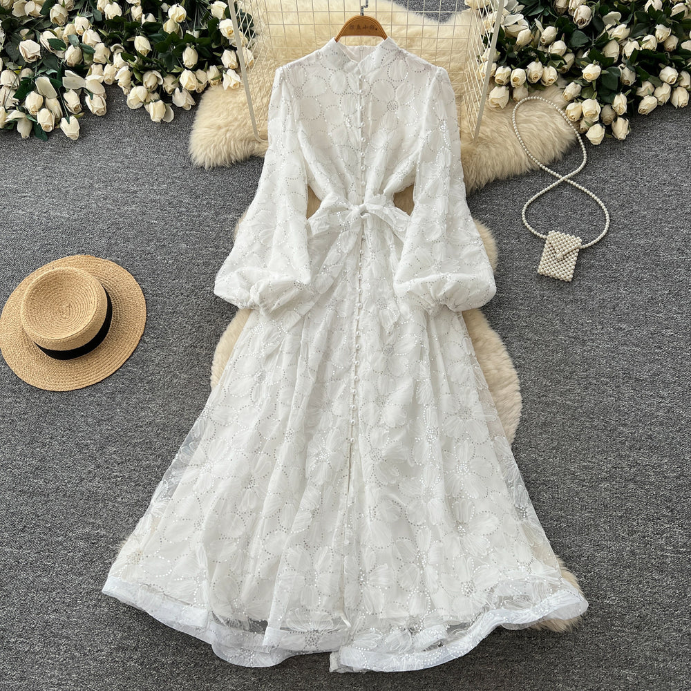 French romantic stand collar lantern sleeve lace dress - women's slimming a-line maxi dress with elegant mesh detail