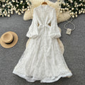 French romantic stand collar lantern sleeve lace dress - women's slimming a-line maxi dress with elegant mesh detail
