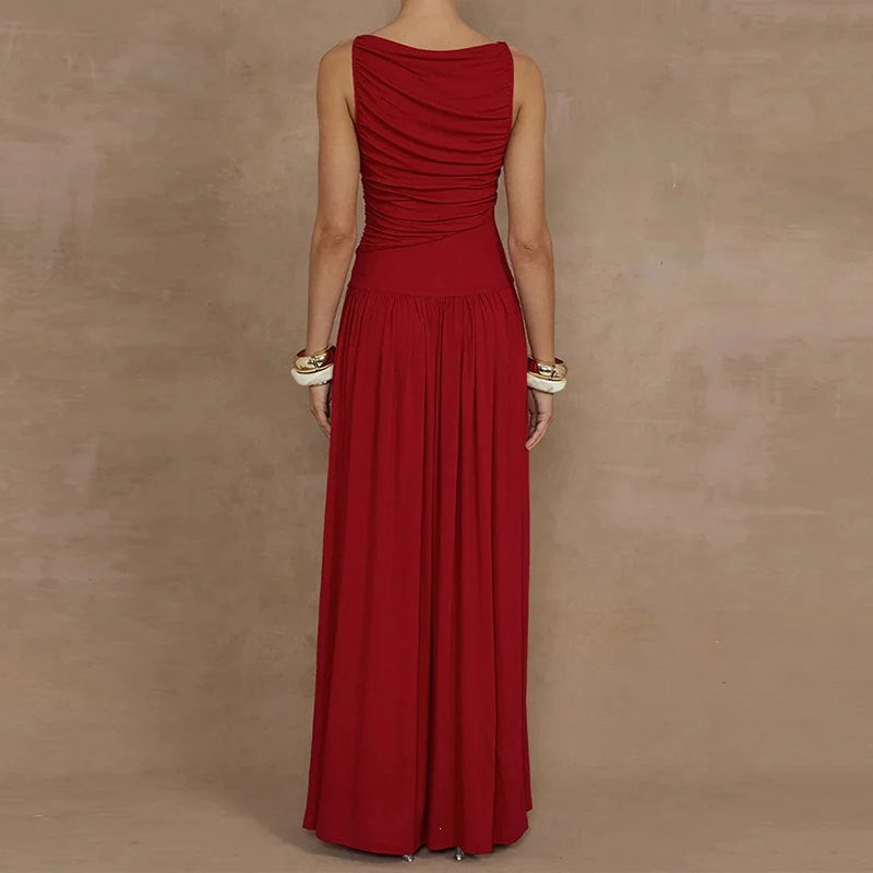 summer new women's fashion: european and american cross-border dress - elegant, slim-fit, solid color pleated maxi dress