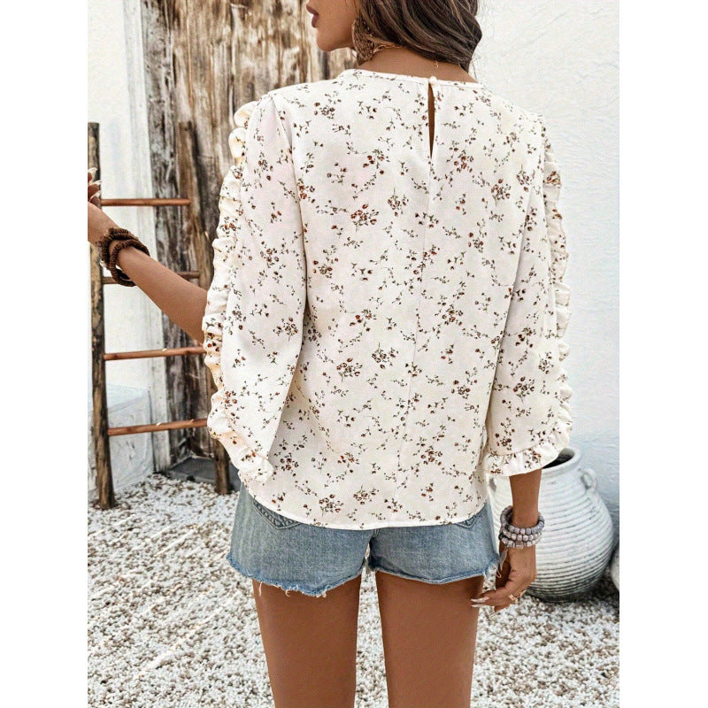 code new arrival  women's original elegant ruffle short sleeve printed blouse