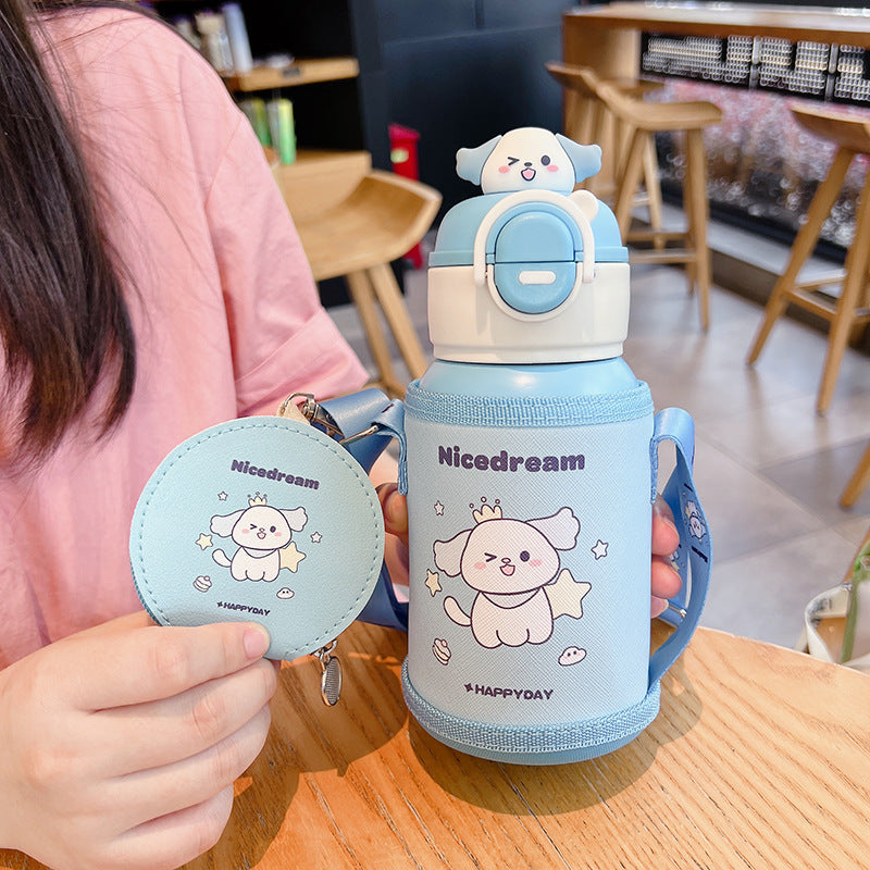 New cartoon character double-drink kids' thermos cup, 316 stainless steel food-grade water bottle with sleeve and straw