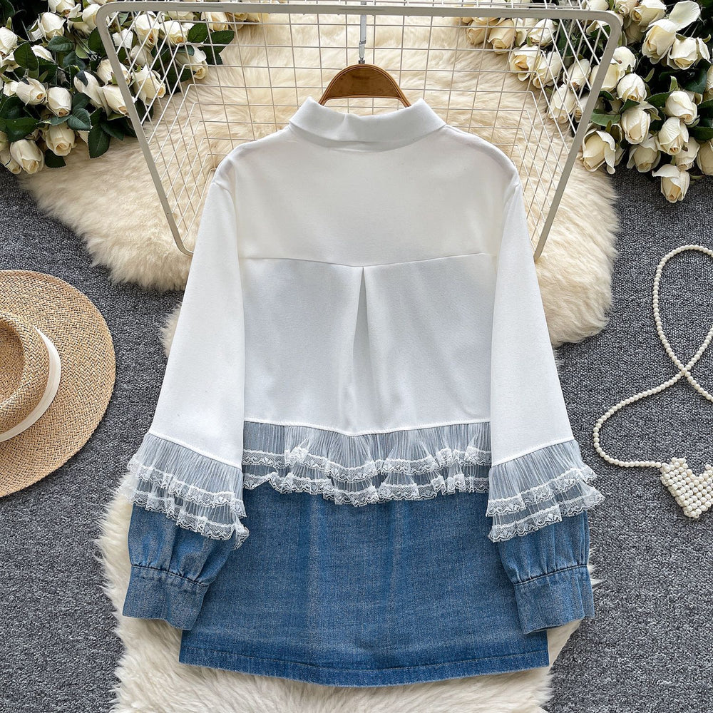 Korean ins style sense of designlacepatchworkcontrast colorlong sleeves denim shirt women's looseeasiest for match single breastedoutwear