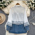 Korean ins style sense of designlacepatchworkcontrast colorlong sleeves denim shirt women's looseeasiest for match single breastedoutwear