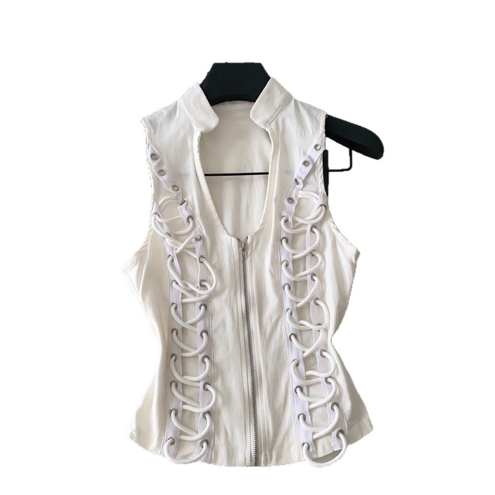 French chic ruffle trim top - women's designer sleeveless chiffon blouse with exquisite rhinestone embellishments and halter neck detail. a unique and elegant piece