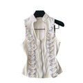 French chic ruffle trim top - women's designer sleeveless chiffon blouse with exquisite rhinestone embellishments and halter neck detail. a unique and elegant piece