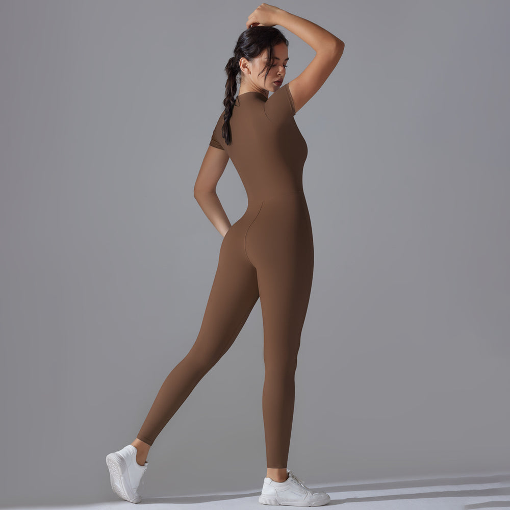 New solid color zip-up compression high-stretch short sleeve bodysuit activewear - workout, fitness, running, cropped leggings, yoga outfit