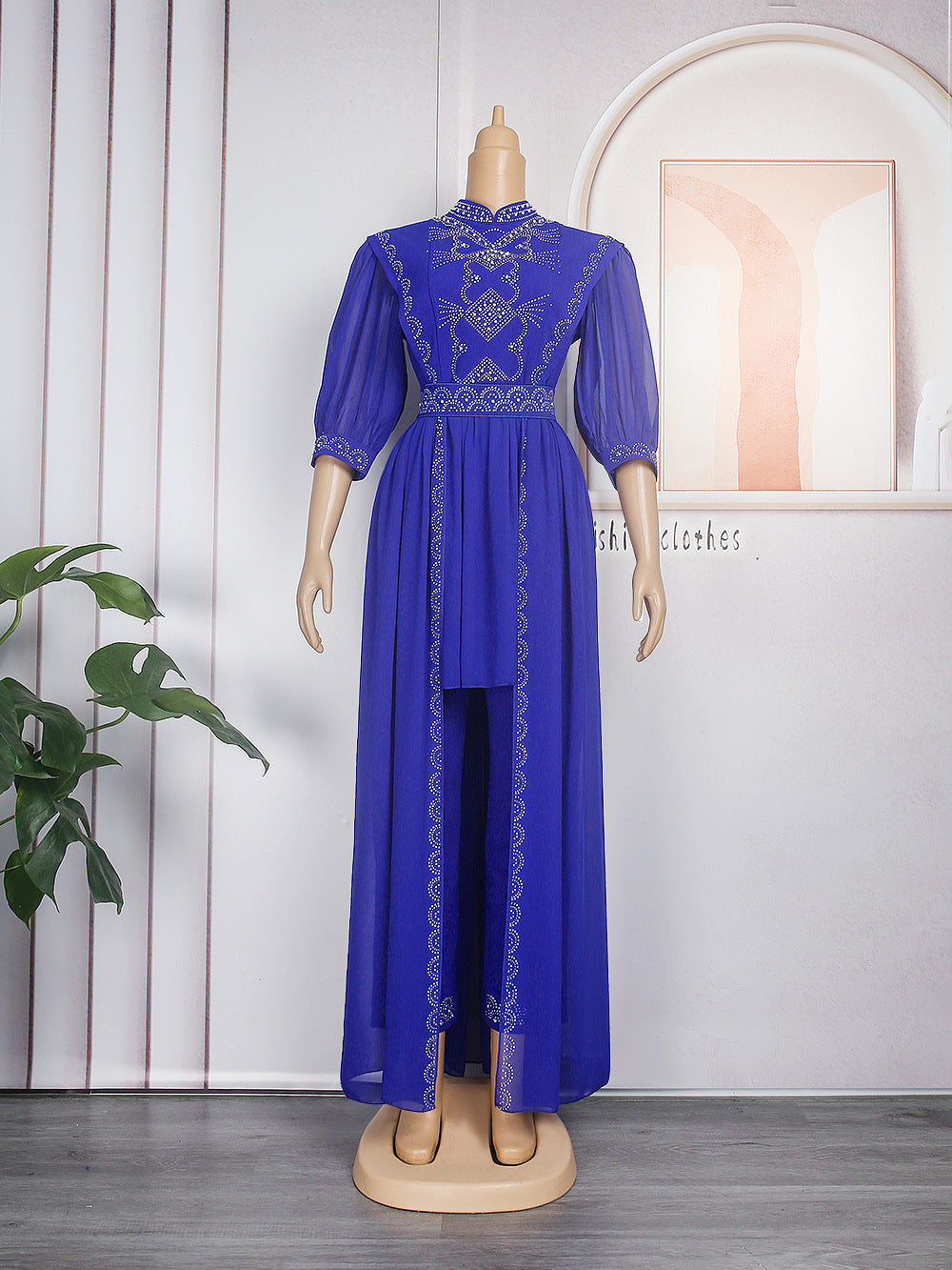 new autumn/winter rhinestone & beaded african  women's plus size irregular maxi dress + pants two-piece set