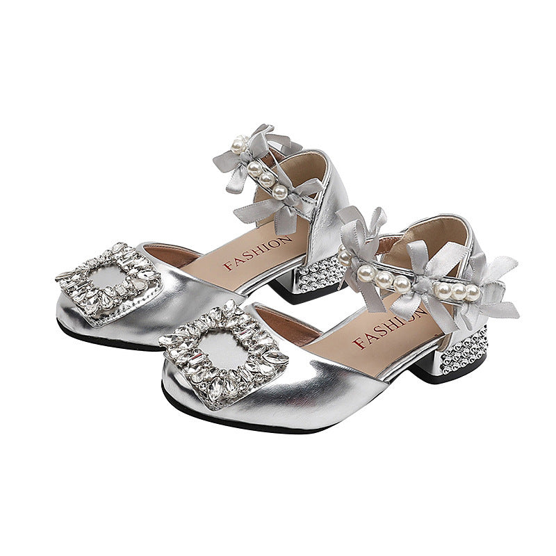 Vancahao girls' high-heeled princess sandals,  summer new collection, rhinestone embellished leather shoes for kids, student dance shoes