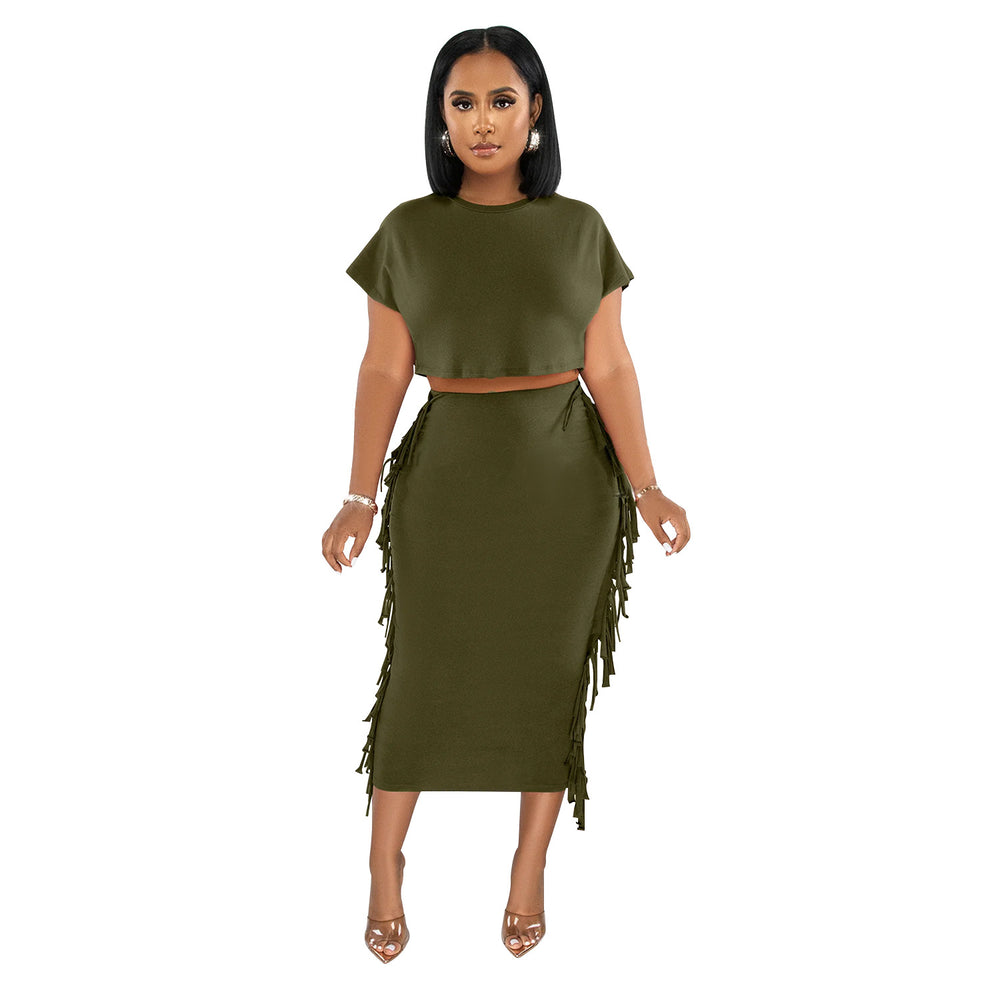 X6331 cross-border   fashion women's solid color tassel crew neck short sleeve maxi dress two-piece set
