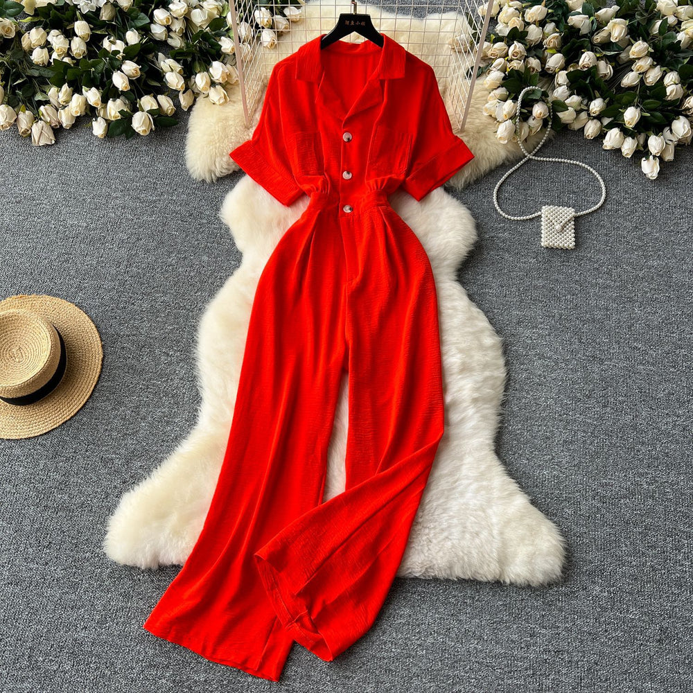 Summer women's new jumpsuit chic niche lightly mature style suit collar single breasted short sleeve high waistcasual jumpsuit