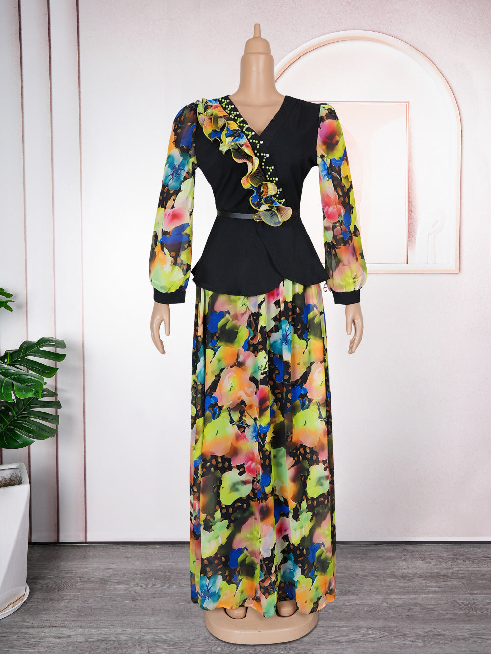 new african plus size women's chiffon printed two-piece v-neck dress set -  cross-border e-commerce