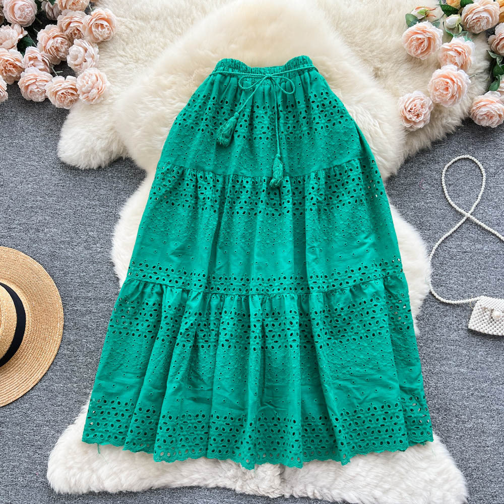 Elegant hollow-out lace embroidered crochet midi skirt - women's tie-waist high-waisted slimming sweet versatile vacation style fairy skirt
