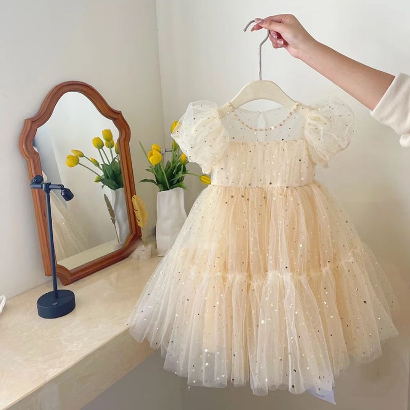korean style princess dress for girls, summer party dress, baby girl puff sleeve mesh sequin dress for little girls