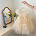 korean style princess dress for girls, summer party dress, baby girl puff sleeve mesh sequin dress for little girls