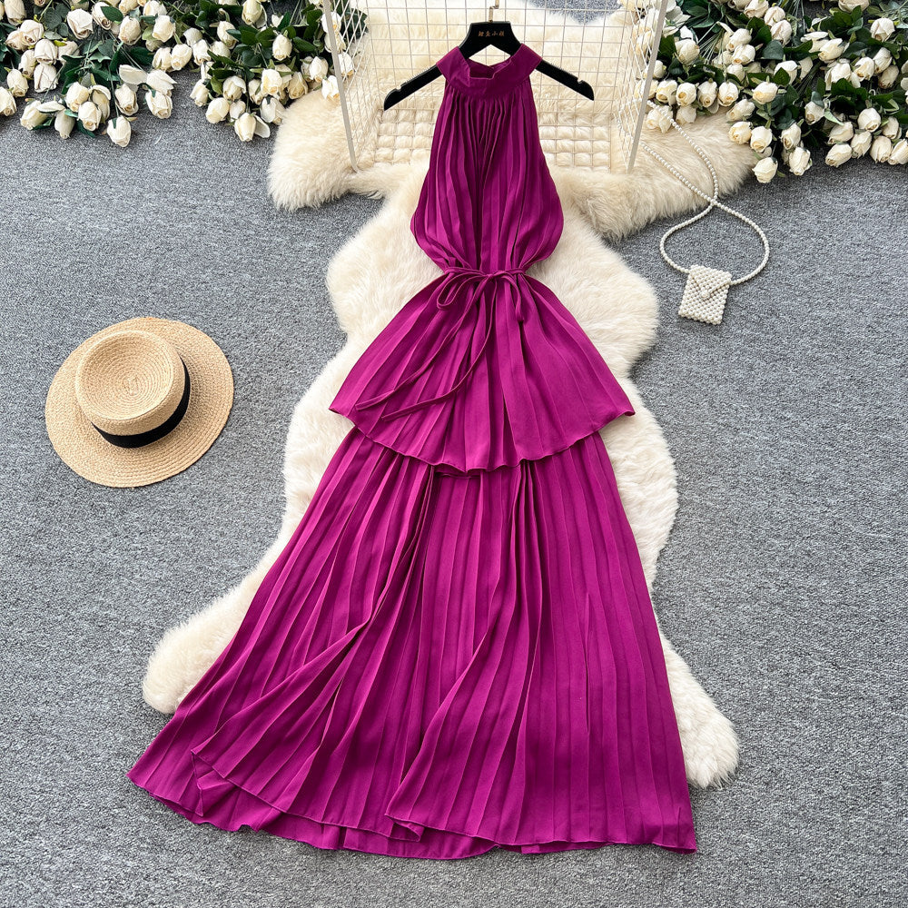 Pure desire style red halter strap pleated dress women's summer k-style waist slimming look cake skirt vacation style long skirt