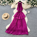 Pure desire style red halter strap pleated dress women's summer k-style waist slimming look cake skirt vacation style long skirt