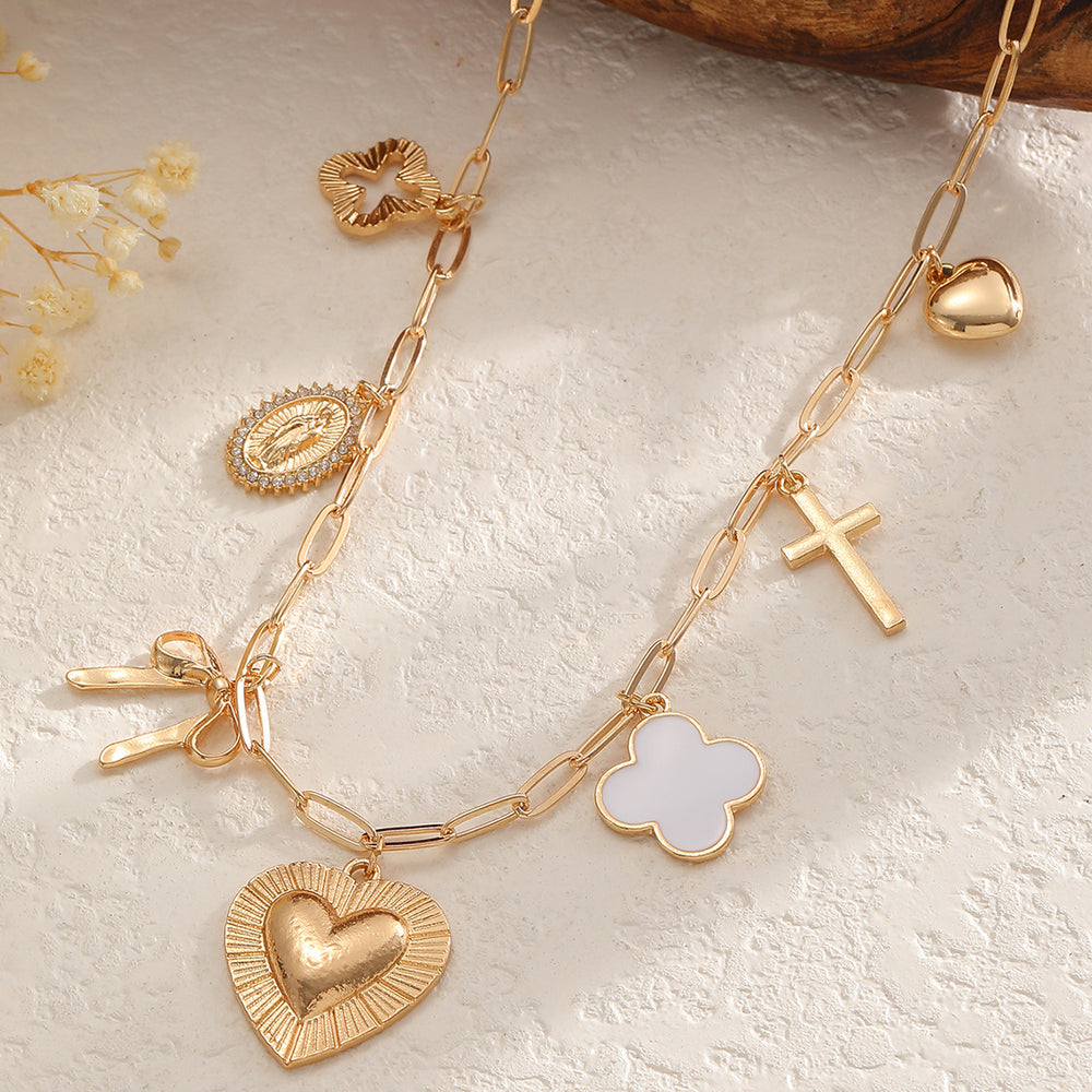 European and american cross-border trendy metal cross heart enamel pendant necklace sweet bowknot necklace