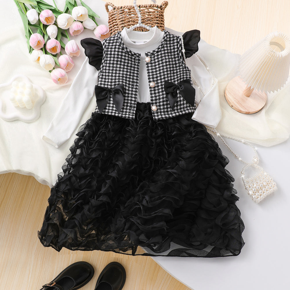 Girls' two-piece set: 3d ruffle sleeve dress + plaid cardigan