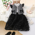 Girls' two-piece set: 3d ruffle sleeve dress + plaid cardigan