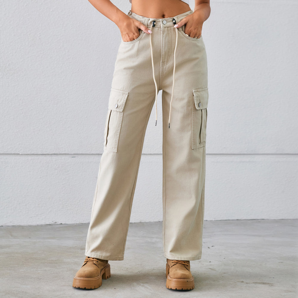 Fashion cross-border independent station  new arrival denim drawstring adjustable washed overalls pants casual pants for women