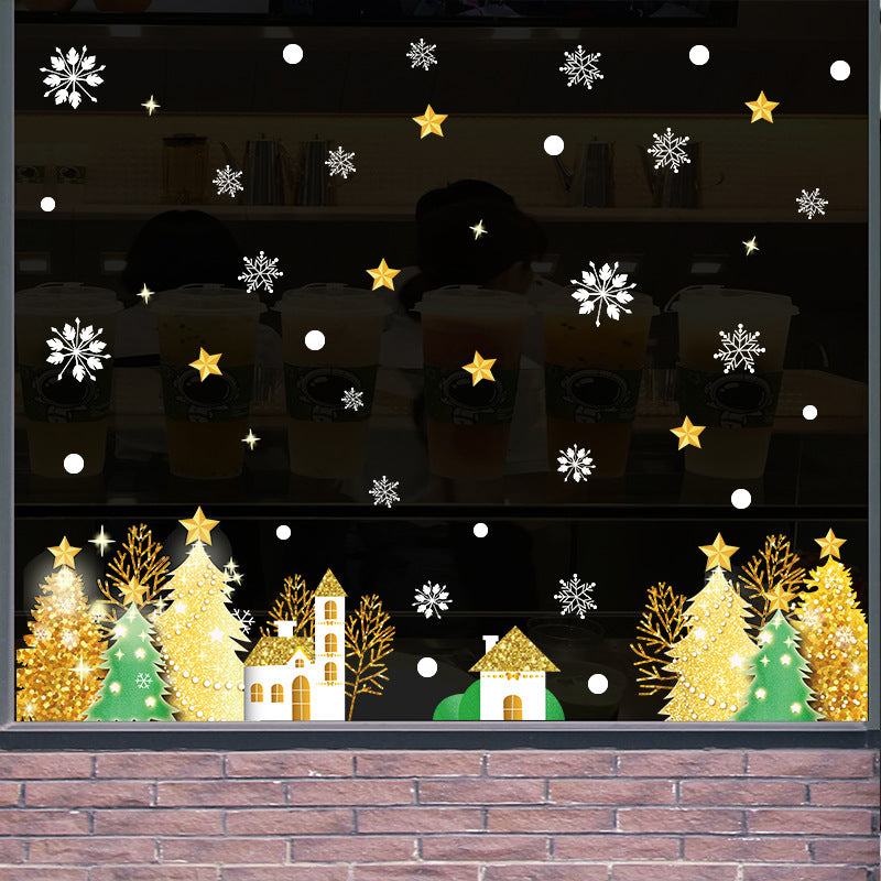 Christmas decoration glass door sticker shop window scene arrangement golden Christmas tree snowflake glue-free static sticker