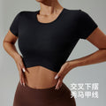 new arrival yoga wear t-shirt women's summersexy navel-baring round neck fitness wear short-sleeved high-elastic breathable sportswear