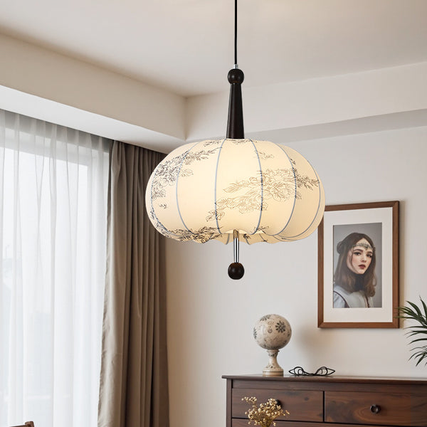 Living Room Ceiling Light Solid Wood Fabric Pattern Fuzhong Ancient Wind Wabi Sansan Wind Dining Room Study Tea Room Bedroom Chandelier E