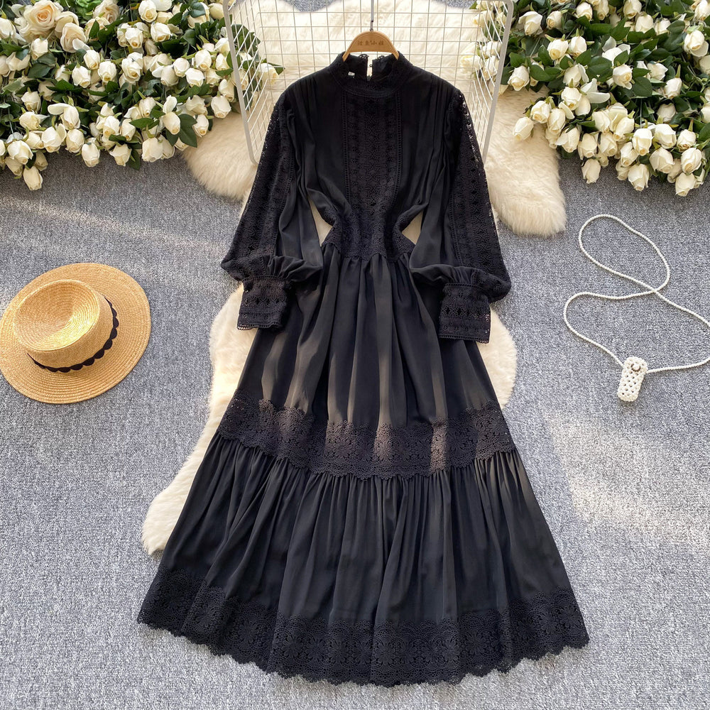 French style women's dress: court-inspired, slim-fit, hollow-out lace panel, flowy maxi dress for vacation