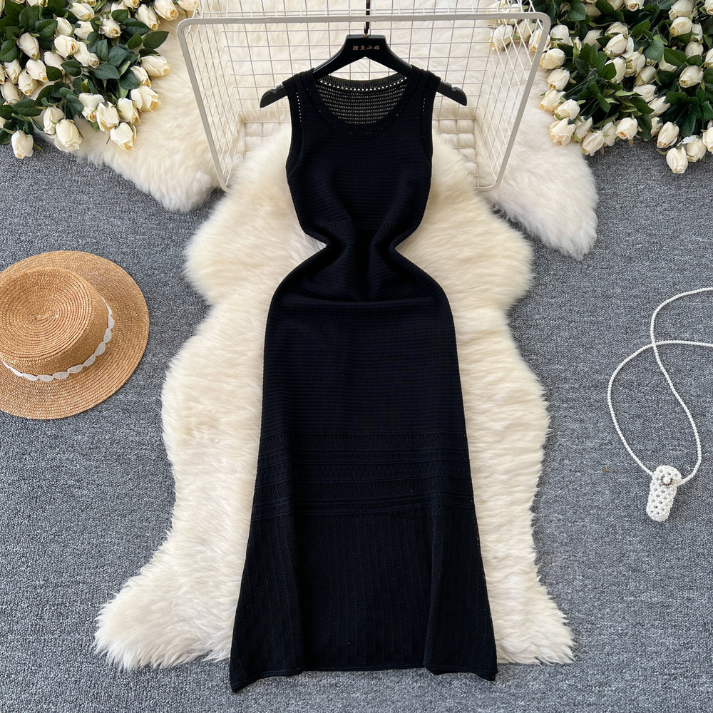 Elegant women's dress 2024 new arrival: high-end, slim-fit, sleeveless, round neck, hollow-out knit vest dress - long length