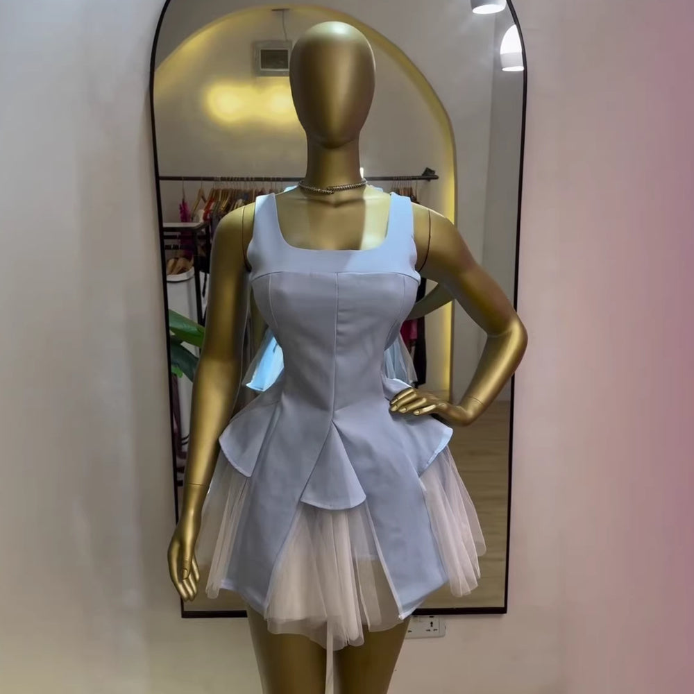 European and american cross-border women's fashion:  summer new arrival - elegant square neck asymmetrical sleeveless top and pleated midi skirt set