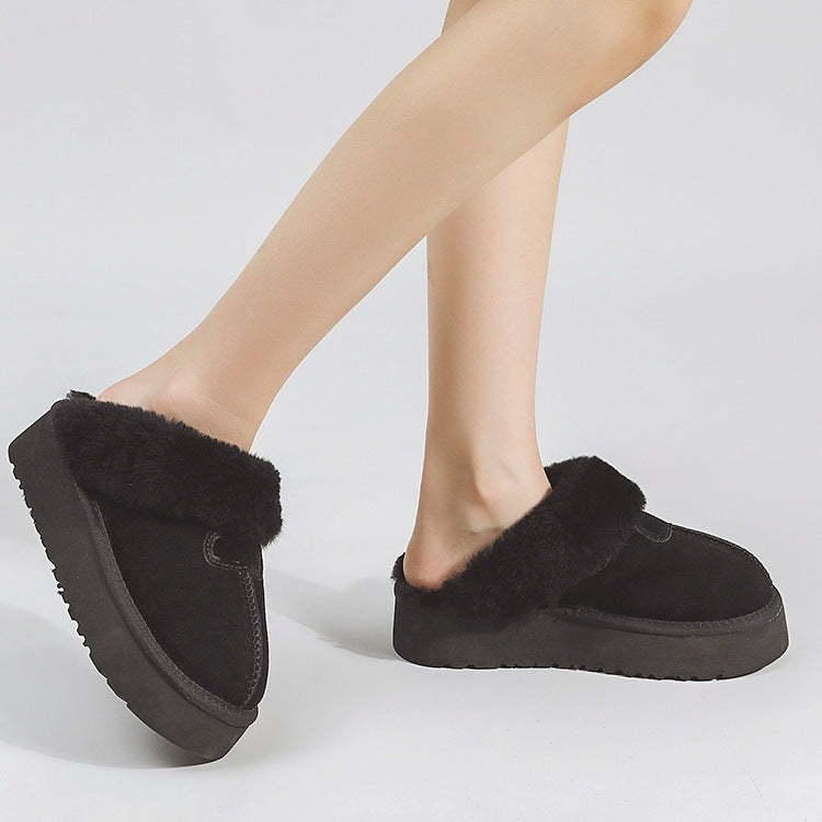 Women's fuzzy slippers - new 2026 autumn/winter collection: thick-soled snow boots, fleece-lined closed-toe half slippers, outdoor cotton shoes