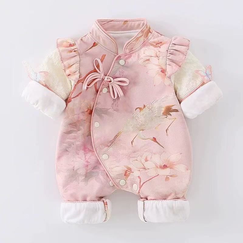 Baby spring & fall onesie, first birthday chinese style outfit, romper, chinese style newborn 100-day celebration outfit, crawling suit for baby girls
