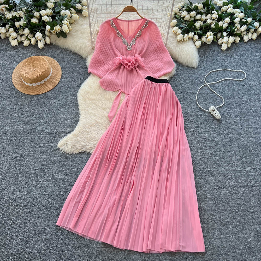 Noble socialite work clothing style red two-piece set female autum silmpleated skirt cloak waist suitelegance