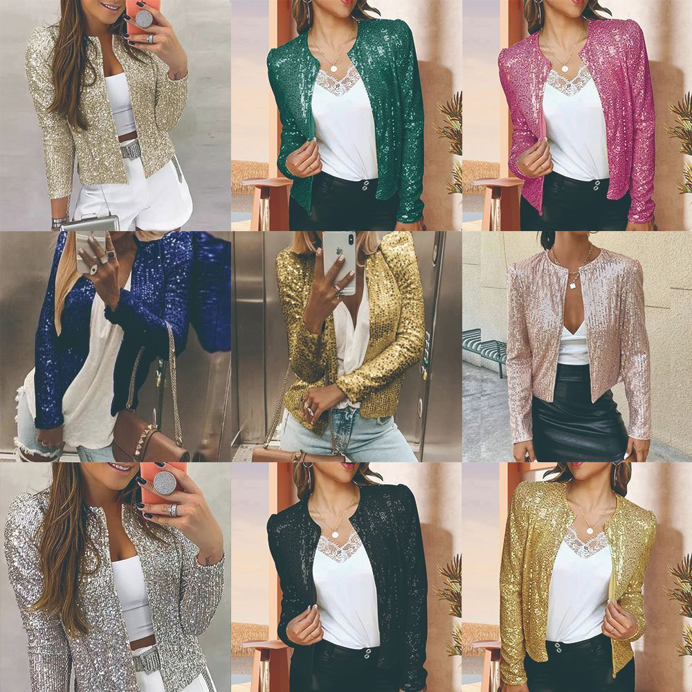 spring new arrival: european and american style fashion stand collar color block sequin jacket - short, casual, and versatile outerwear