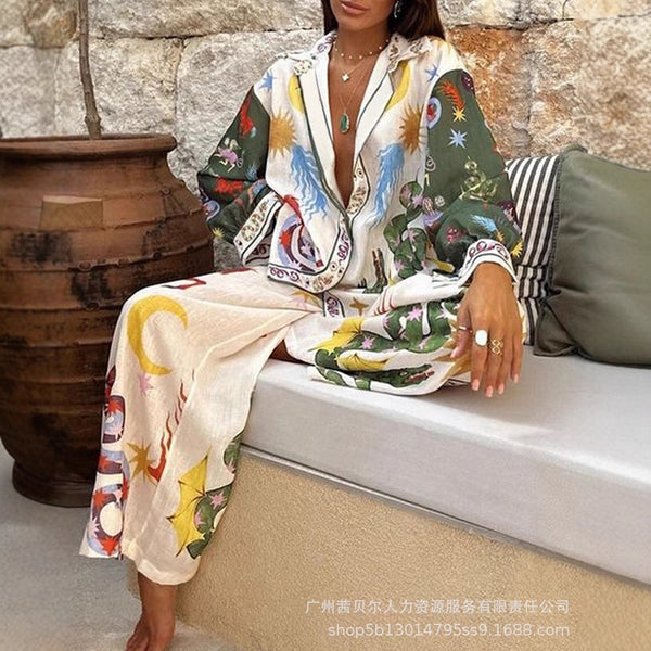 LZR19700 New Bohemian Style Printed Long Sleeve Shirt Set High Waist Rubber Band Wide Leg Pants - Positioning