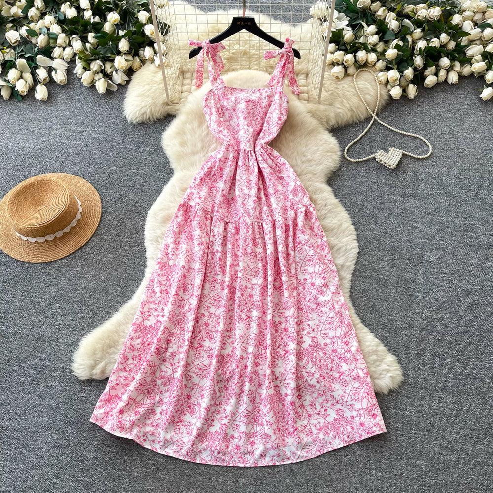 Vacation style printing suspender casual sleeveless dress for women summersense of designhigh waist waist slimming look long skirt yellow
