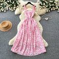 Vacation style printing suspender casual sleeveless dress for women summersense of designhigh waist waist slimming look long skirt yellow