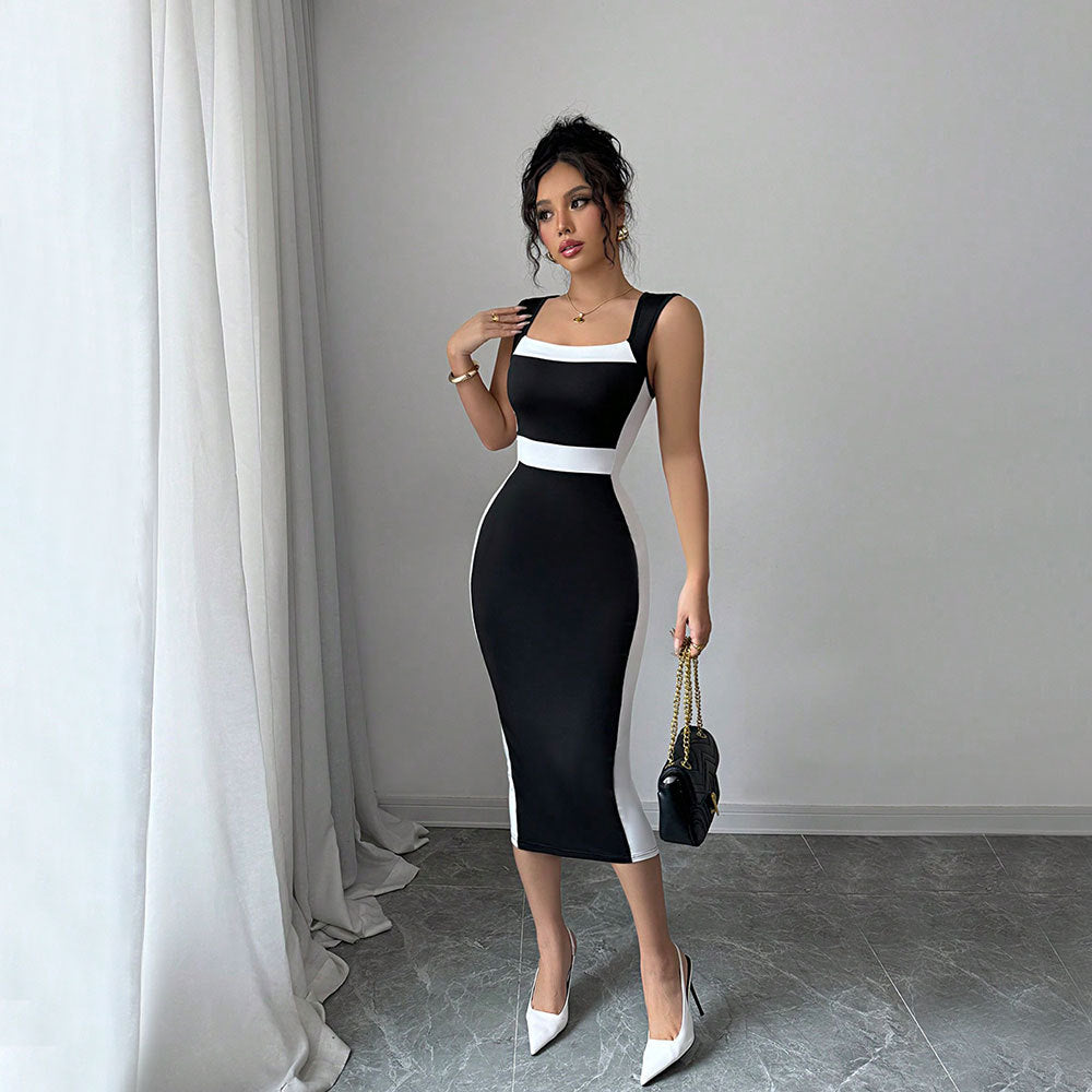 summer new arrival:  cross-border women's fashion - mature & sophisticated maxi dress with square neck, spaghetti straps, and color block design