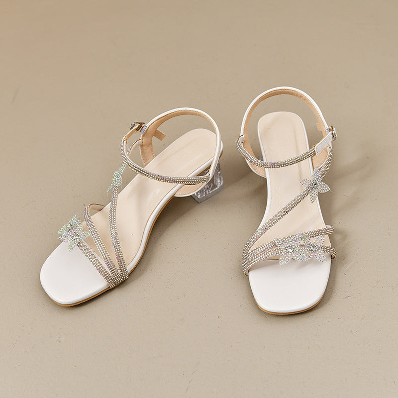 Silver high heel sandals women's summer dress fairy style crystal bow square toe open toe transparent chunky heel sandals