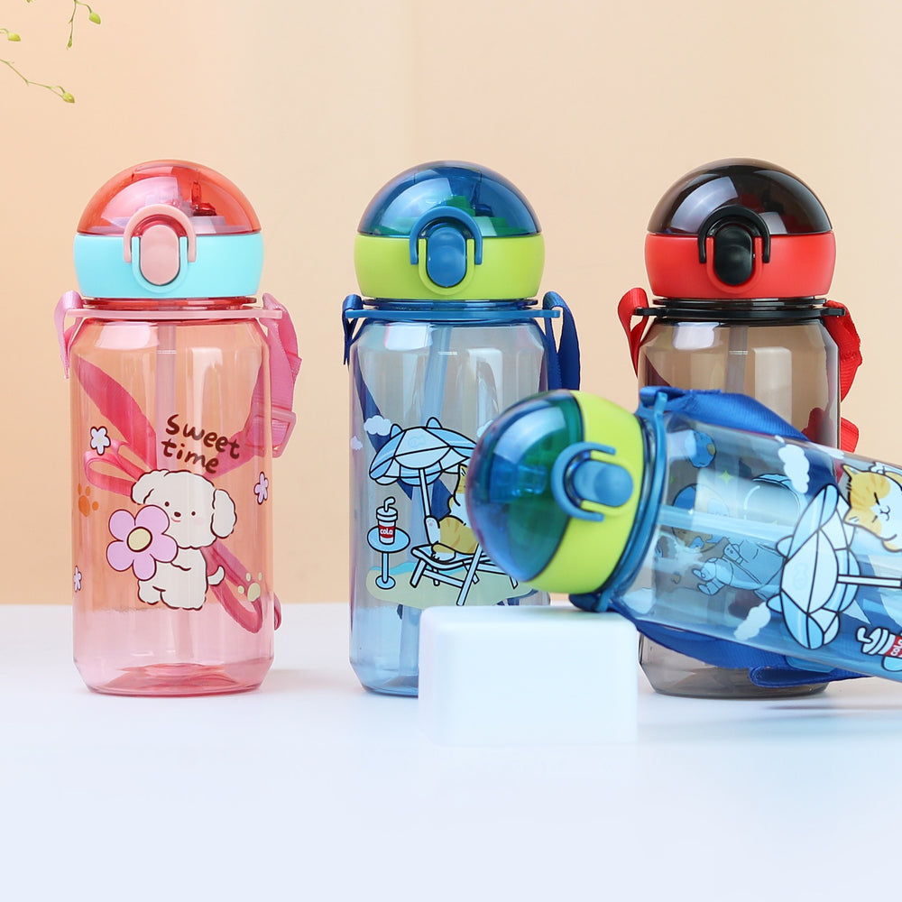 Pop-up plastic water cup cute cartoon food grade kids straw cup kindergarten strap water kettle portable water bottle