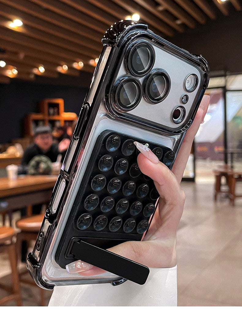 Silicone suction cup kickstand case for iphone 17 pro max, apple 15 electroplated four-corner shockproof phone case