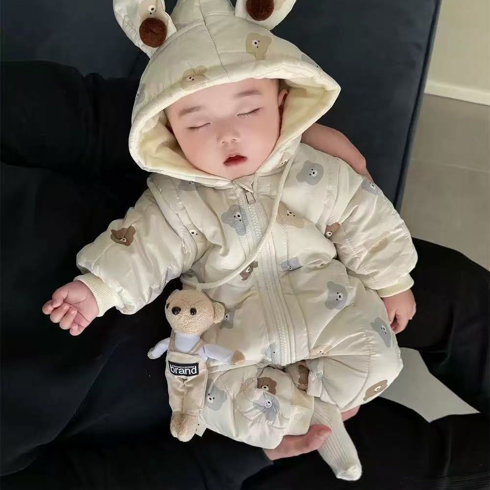 Newborn baby 100-day celebration bodysuit, infant winter clothes, thickened fleece-lined outfit, cartoon full month celebration winter wear