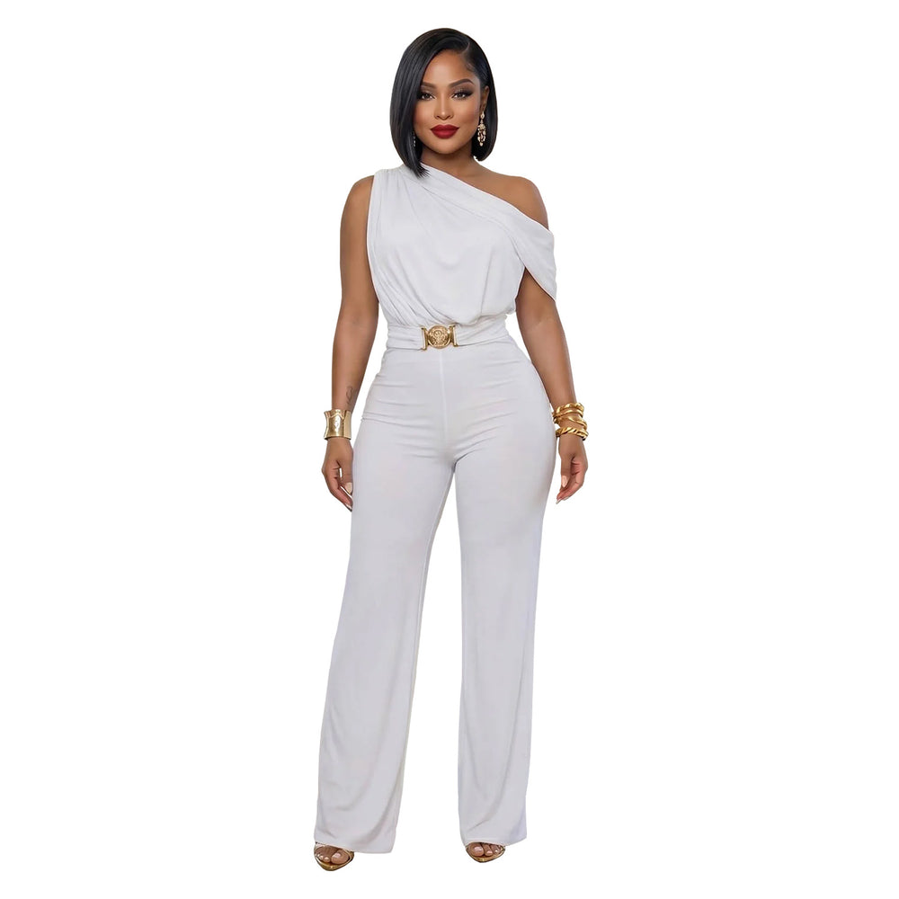 C7718 cross-border   fashion women's elegant one-shoulder belted solid color jumpsuit
