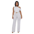 C7718 cross-border   fashion women's elegant one-shoulder belted solid color jumpsuit