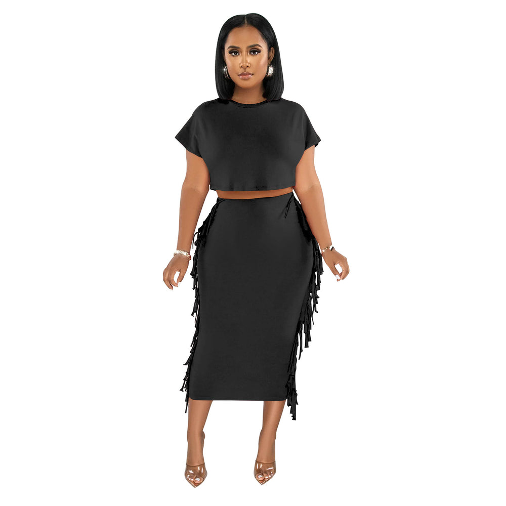 X6331 cross-border   fashion women's solid color tassel crew neck short sleeve maxi dress two-piece set